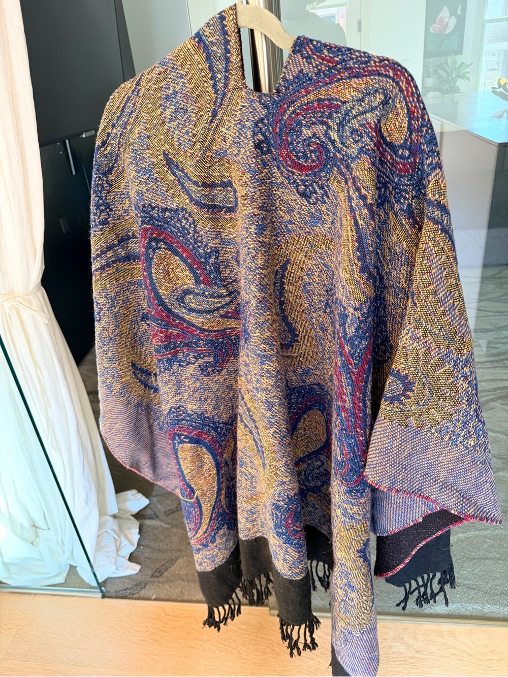 Paisley Fringe Reversible Shawl Wrap in Rich Red and Black & Blue and Yellow - Picture 6 of 9